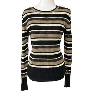 FRAME Womens Medium Gold Black Stripe Lurex Ribbed Crewneck Sweater Pullover